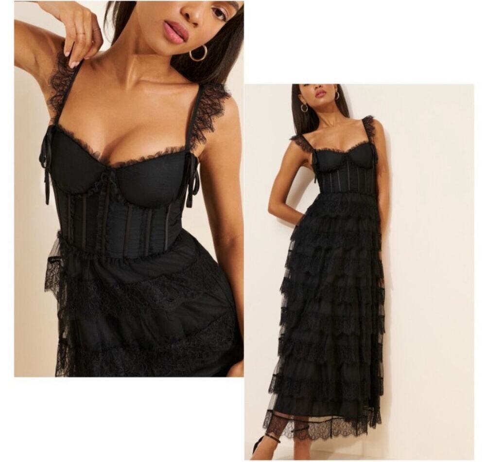 Amy Jane London Adessa Maxi Ruffle Lace Black Dress Size Medium